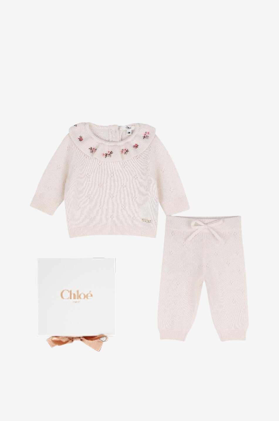 CHLOE Ensemble bébé pull et pantalon en maille ajourée de laine et cachemire brodé fleurs Bébé BLANC CASSE 1