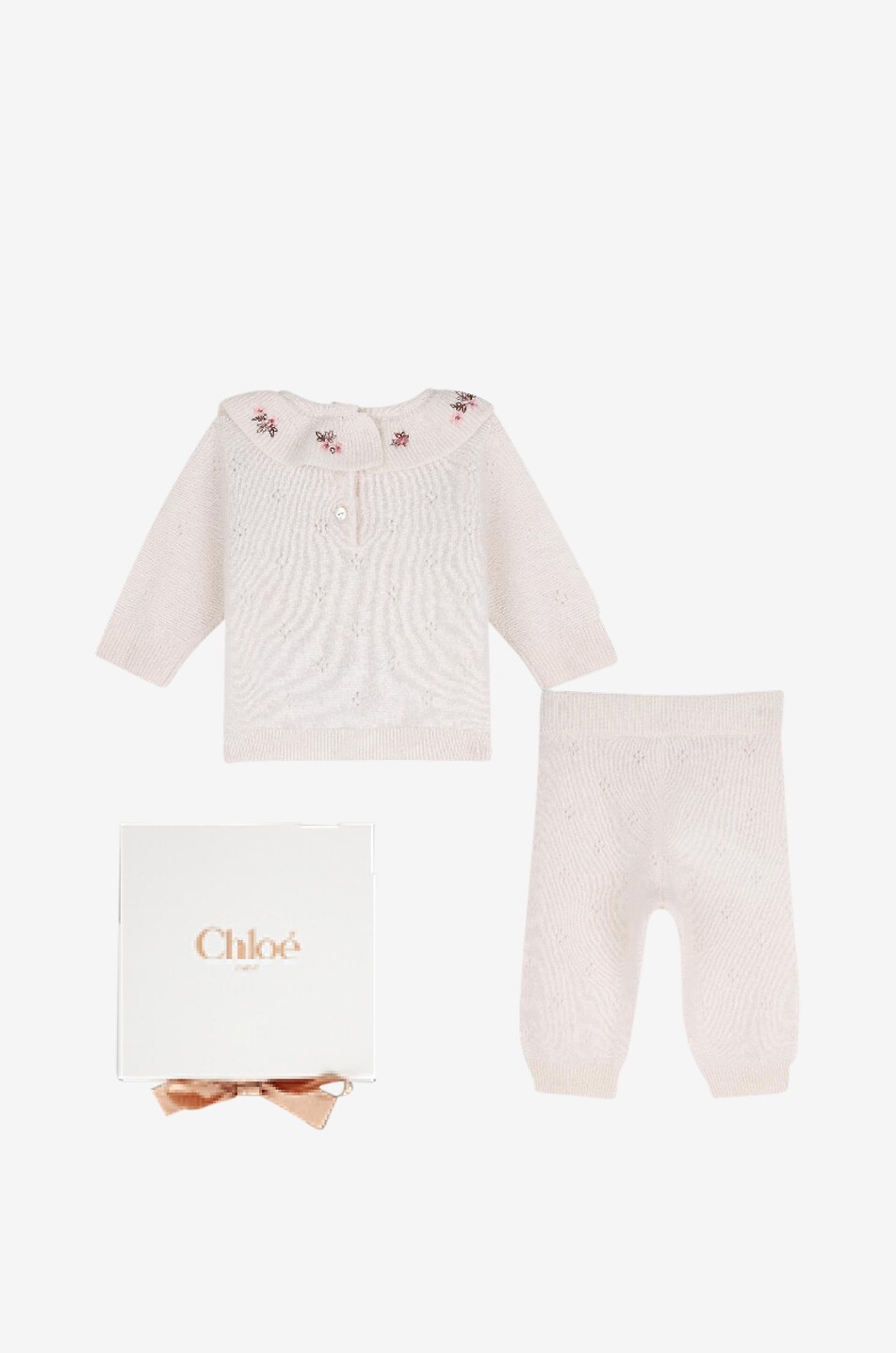 CHLOE Ensemble bébé pull et pantalon en maille ajourée de laine et cachemire brodé fleurs Bébé BLANC CASSE 2