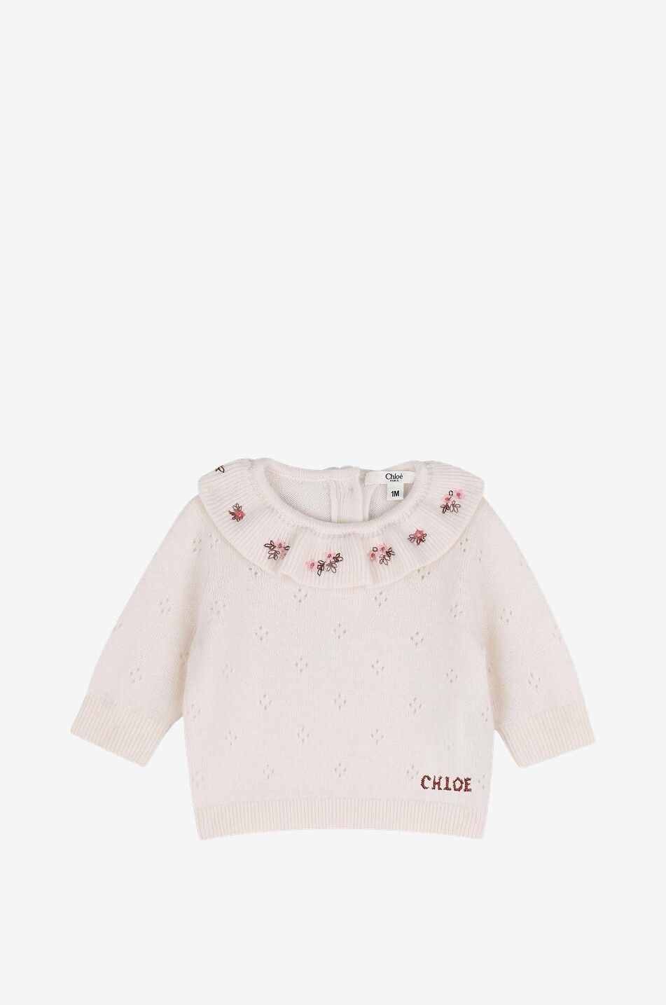 CHLOE Ensemble bébé pull et pantalon en maille ajourée de laine et cachemire brodé fleurs Bébé BLANC CASSE 3