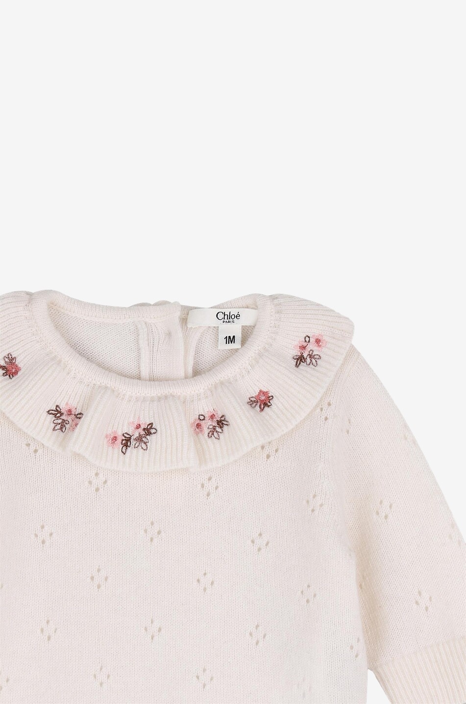 CHLOE Ensemble bébé pull et pantalon en maille ajourée de laine et cachemire brodé fleurs Bébé BLANC CASSE 7