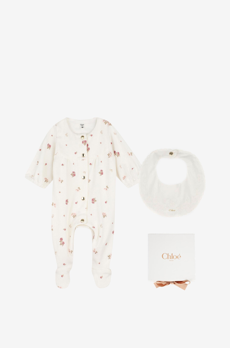 Geschenkset mit Pyjama und Lätzchen aus geblümtem Baumwollsamt für Babys