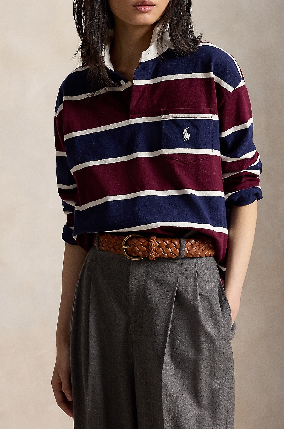 POLO RALPH LAUREN Gestreiftes Langarm-Rugby-Hemd aus Jersey im Oversize-Schnitt Pony Damen DUNKELROT 2