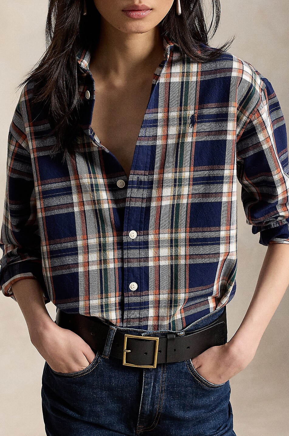 POLO RALPH LAUREN Relaxed Fit Pony checked cotton long-sleeved shirt Women DARK BLUE 2