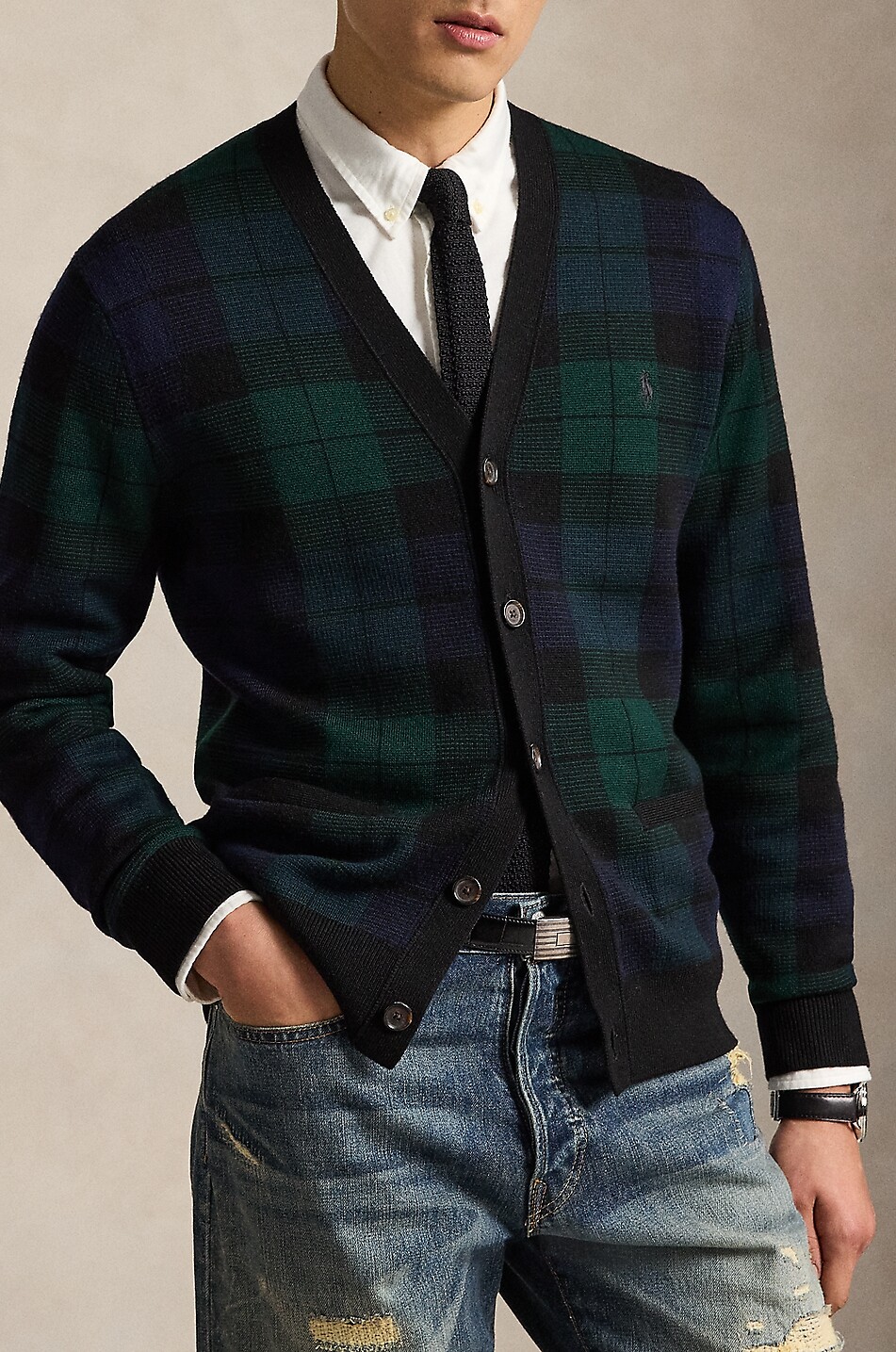 POLO RALPH LAUREN Tartan wool V-neck cardigan Men DARK GREEN 2