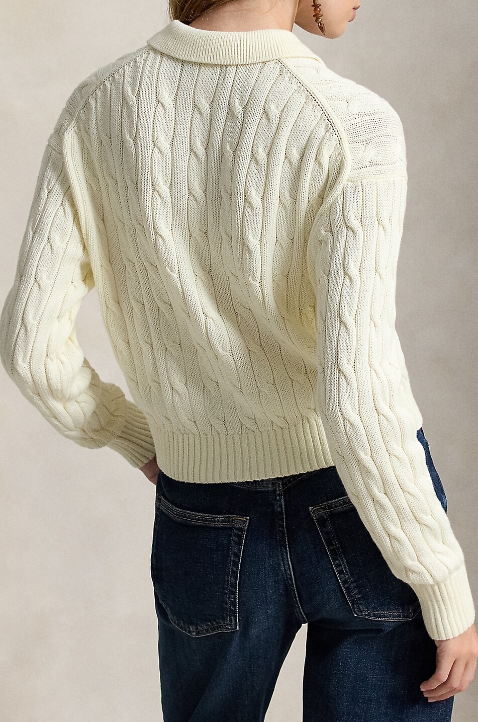 POLO RALPH LAUREN Pony cable-knit cotton polo collar cardigan Women EGGSHELL 3