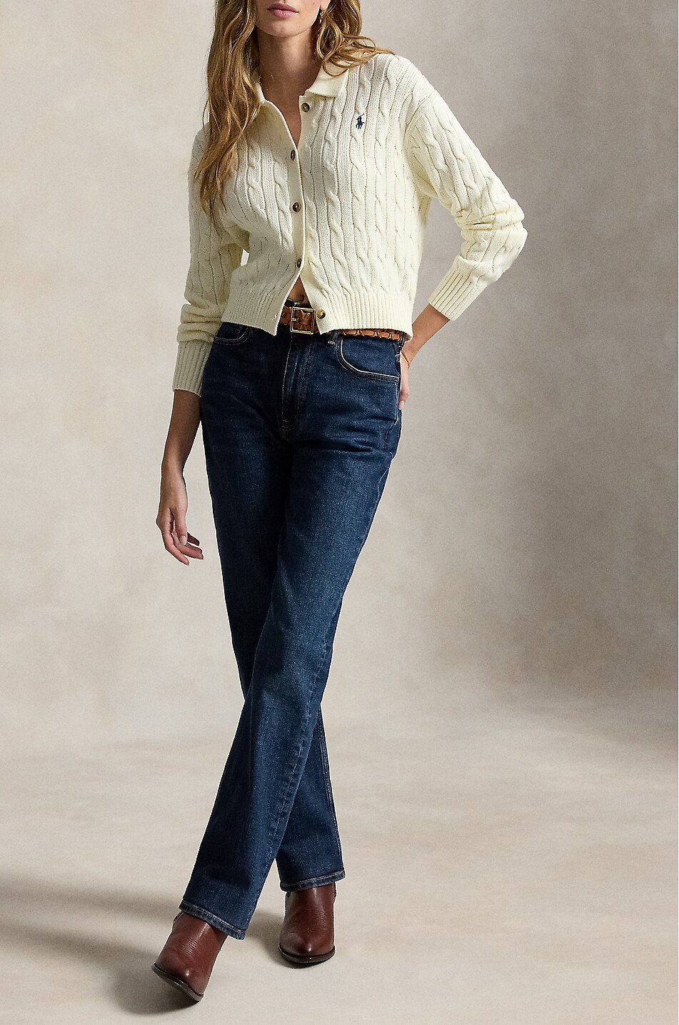 POLO RALPH LAUREN Pony cable-knit cotton polo collar cardigan Women EGGSHELL 4