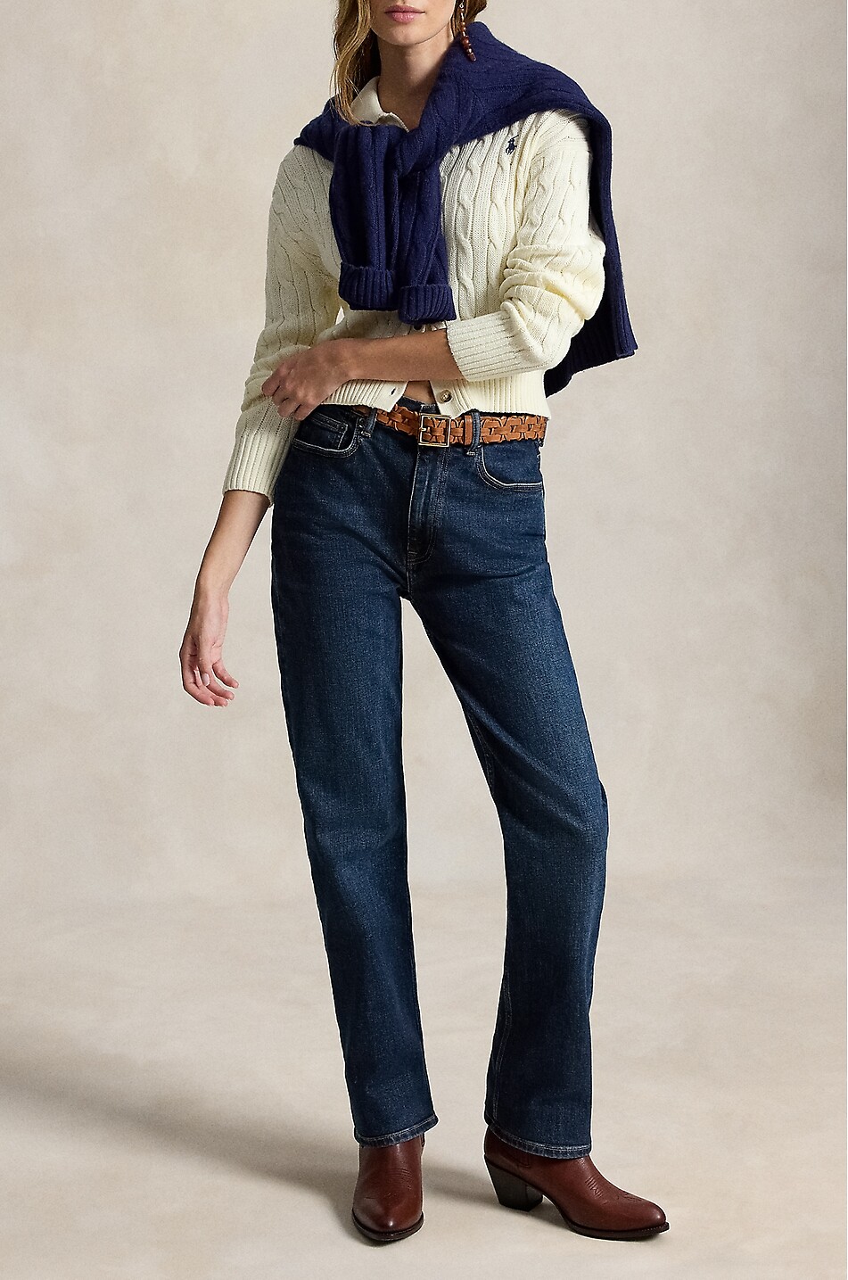 POLO RALPH LAUREN Pony cable-knit cotton polo collar cardigan Women EGGSHELL 5