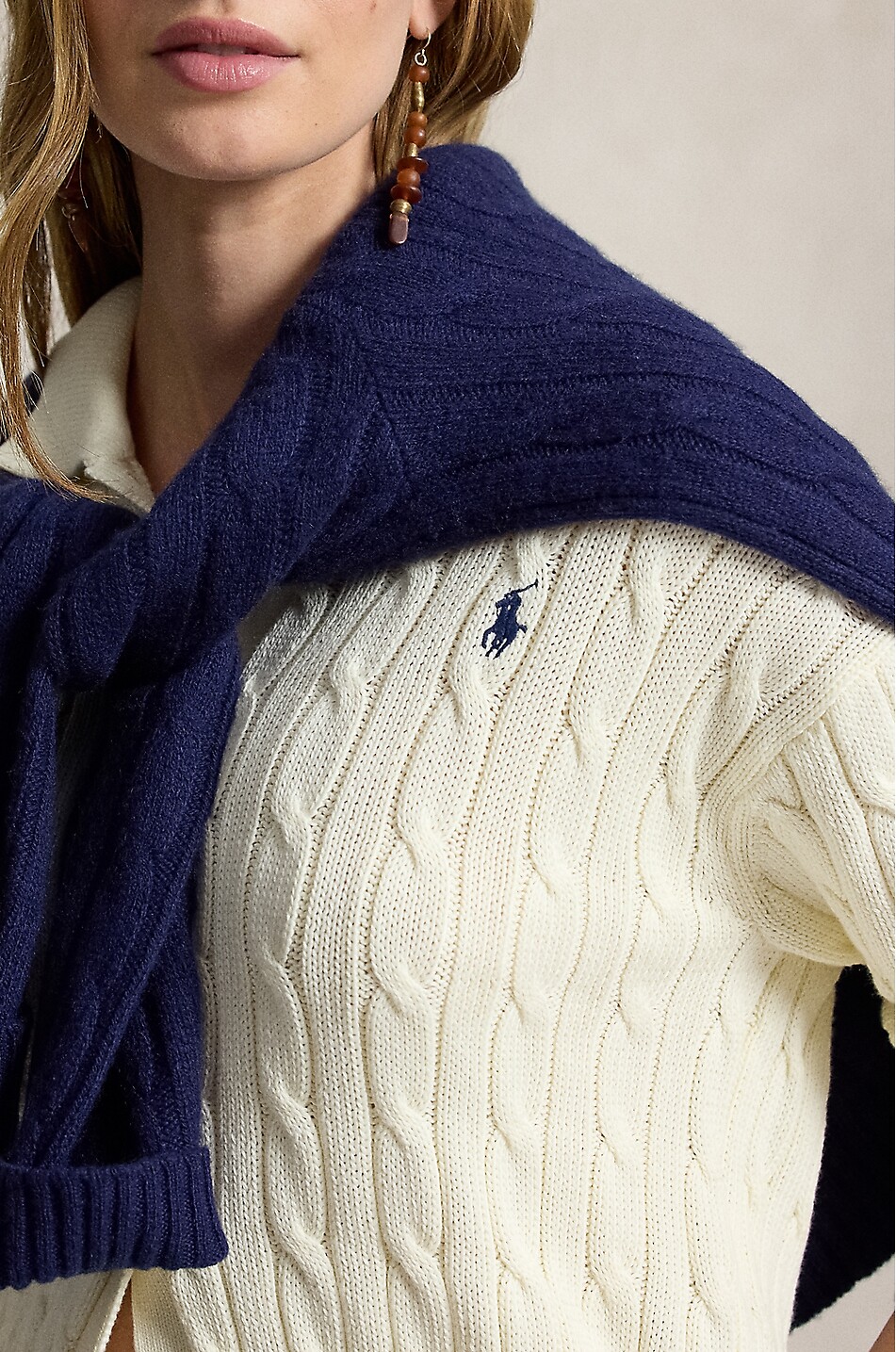 POLO RALPH LAUREN Pony cable-knit cotton polo collar cardigan Women EGGSHELL 6