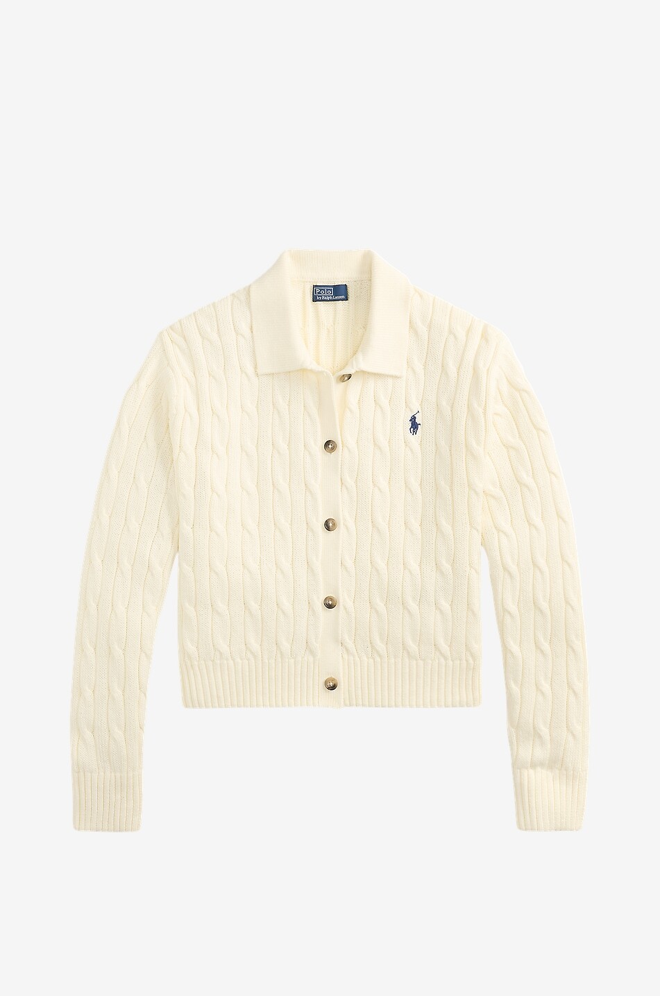 POLO RALPH LAUREN Pony cable-knit cotton polo collar cardigan Women EGGSHELL 1