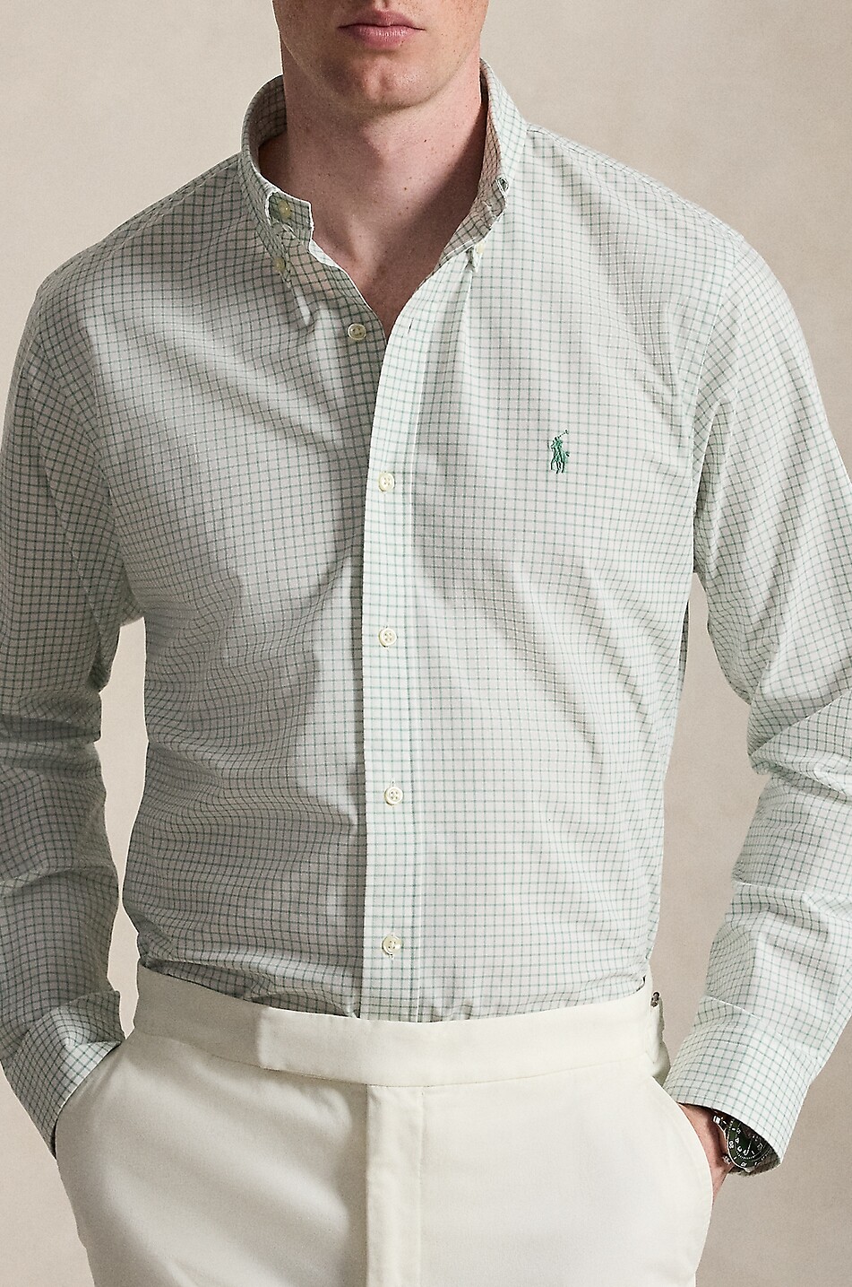 POLO RALPH LAUREN Pony Custom Fit long-sleeved cotton poplin checked shirt Men MEDIUM GREEN 2