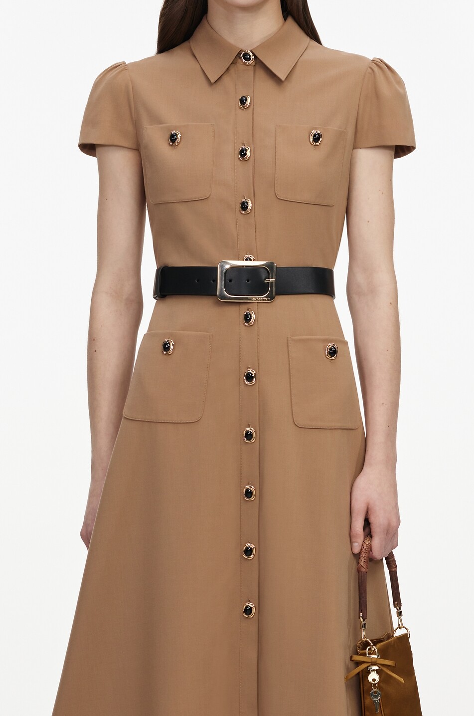 SELF PORTRAIT Midi short-sleeved mixed wool shirt dress Women CAMEL 4