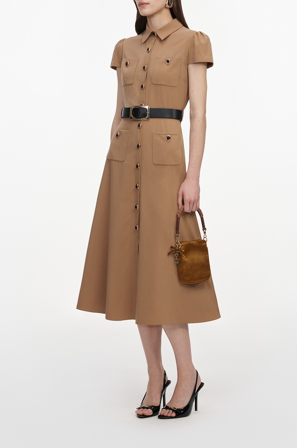 SELF PORTRAIT Midi short-sleeved mixed wool shirt dress Women CAMEL 5