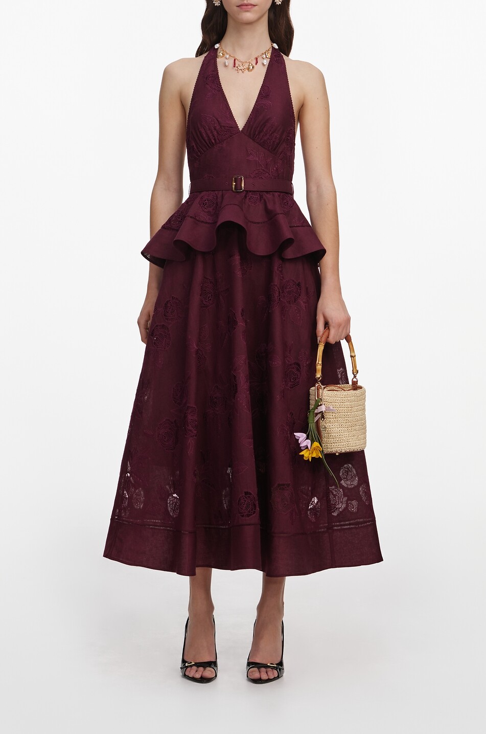 SELF PORTRAIT Halter neck floral jacquard midi dress with peplum Women DARK PURPLE 2