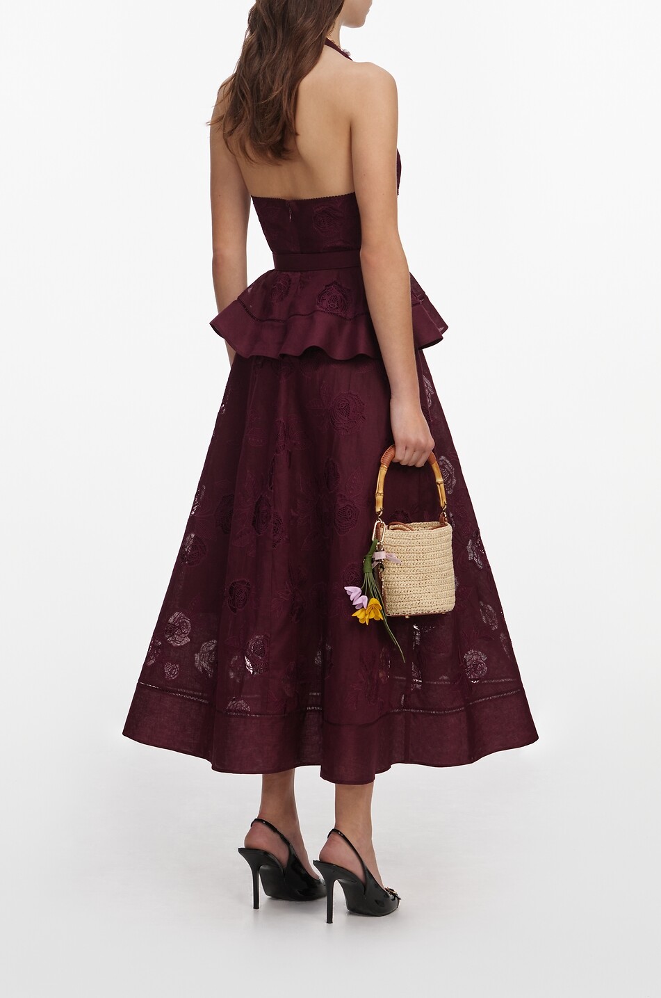 SELF PORTRAIT Halter neck floral jacquard midi dress with peplum Women DARK PURPLE 3