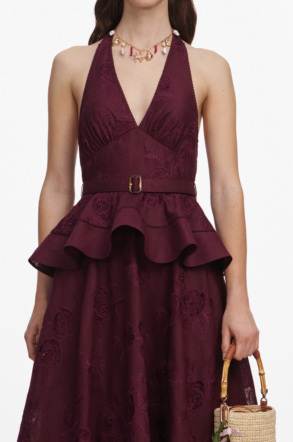 SELF PORTRAIT Halter neck floral jacquard midi dress with peplum Women DARK PURPLE 4