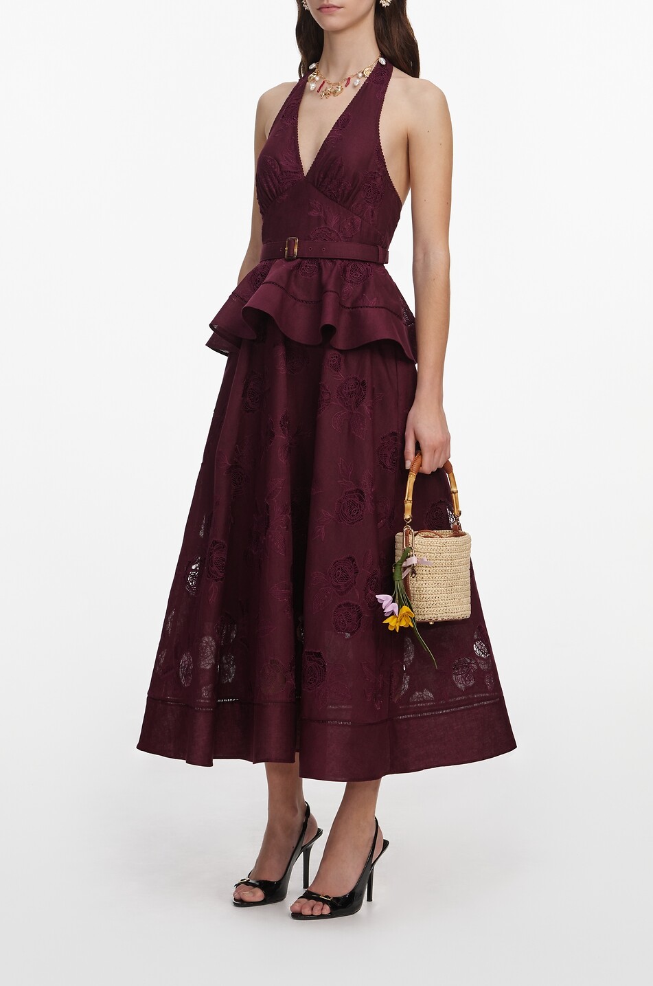 SELF PORTRAIT Halter neck floral jacquard midi dress with peplum Women DARK PURPLE 5