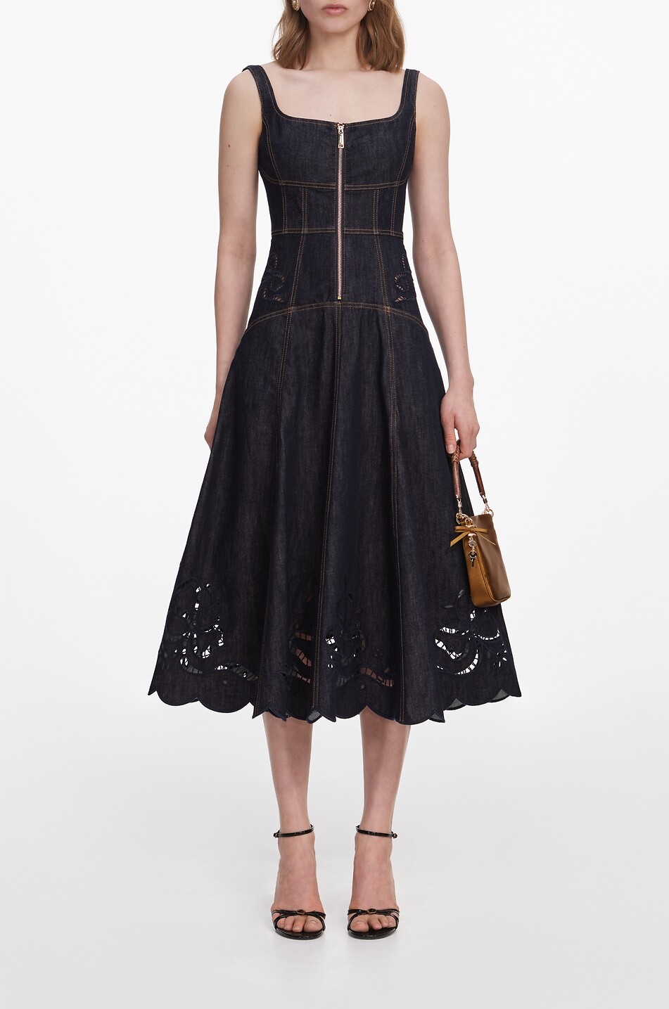 SELF PORTRAIT Midi flared denim broderie anglaise strappy dress Women DARK BLUE 2