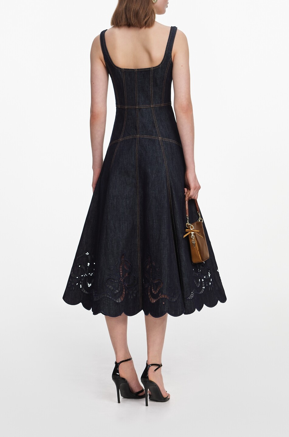 SELF PORTRAIT Midi flared denim broderie anglaise strappy dress Women DARK BLUE 3