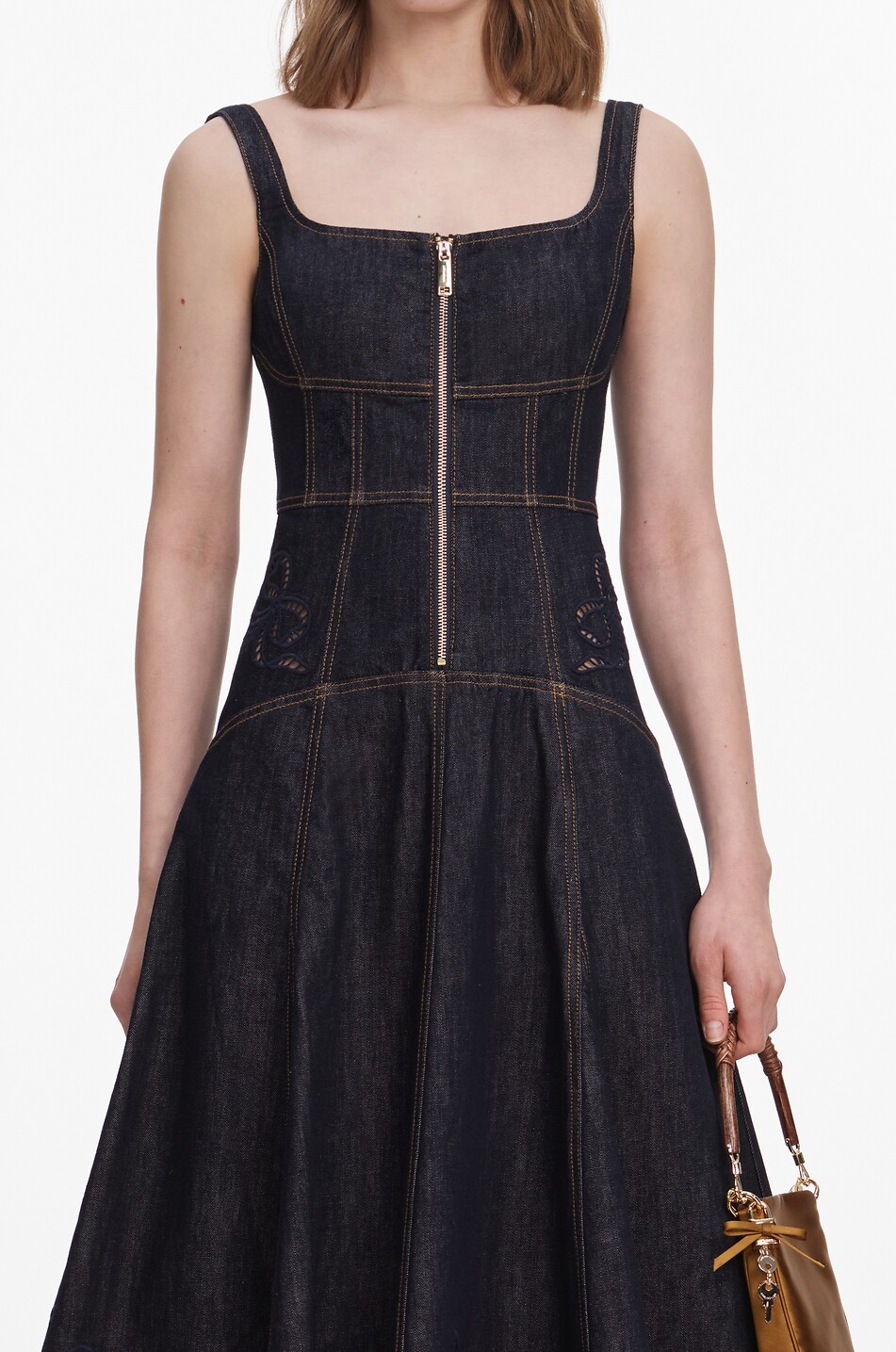 SELF PORTRAIT Midi flared denim broderie anglaise strappy dress Women DARK BLUE 4