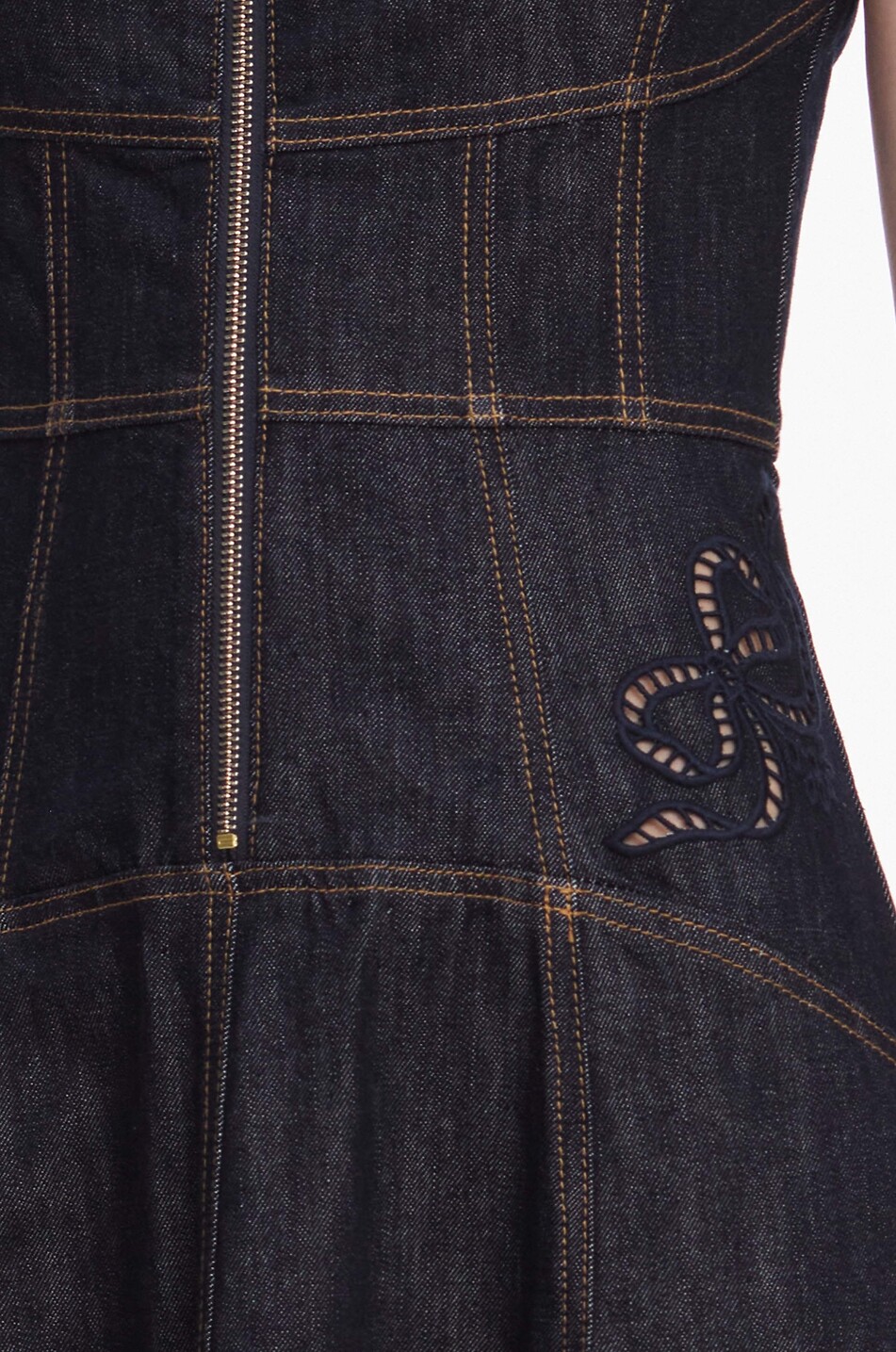 SELF PORTRAIT Midi flared denim broderie anglaise strappy dress Women DARK BLUE 5
