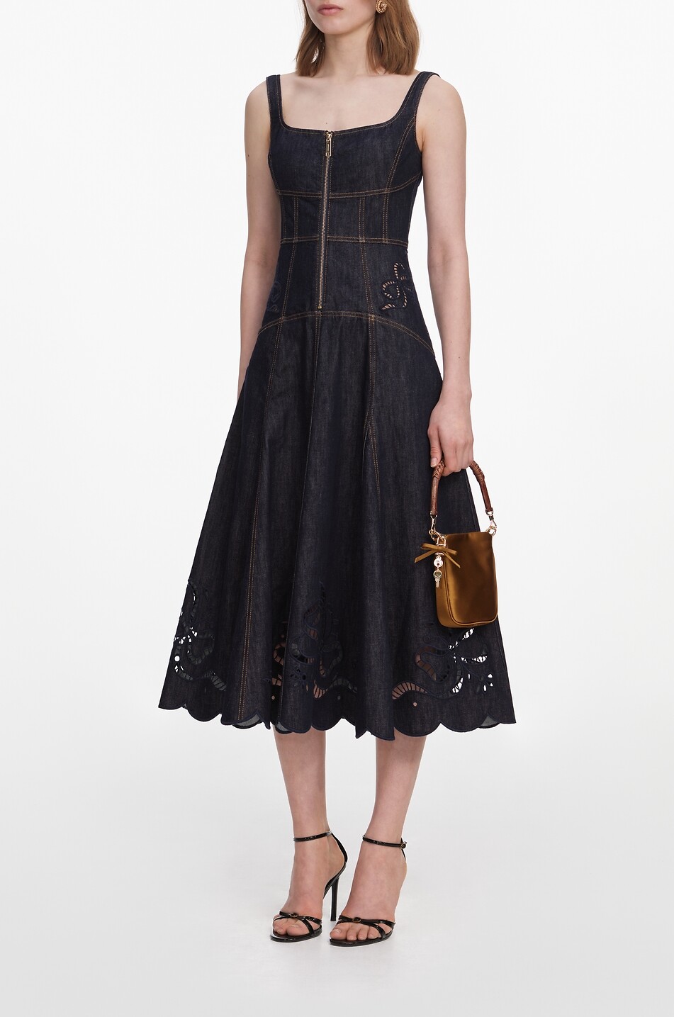 SELF PORTRAIT Midi flared denim broderie anglaise strappy dress Women DARK BLUE 6