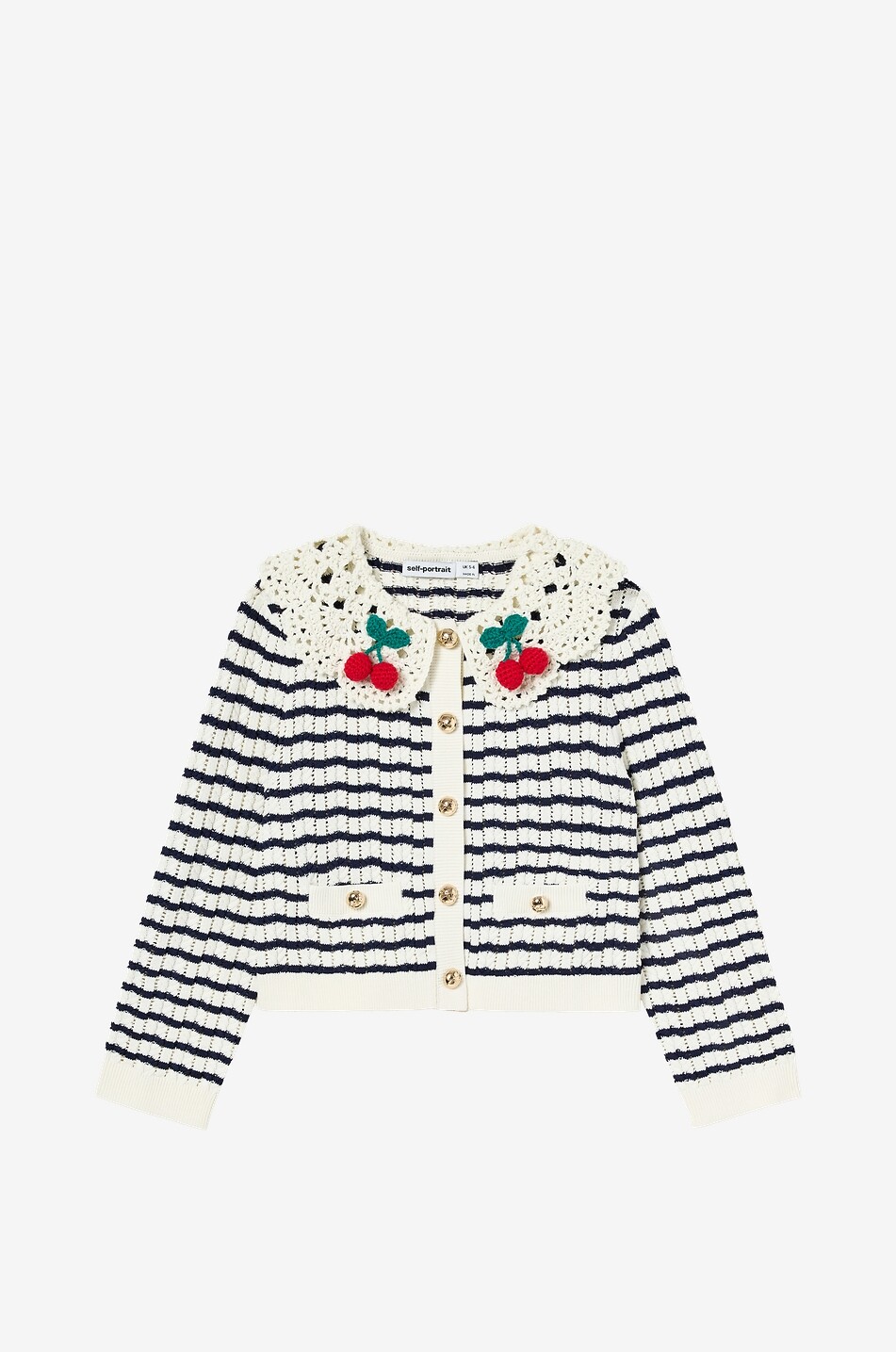 SELF PORTRAIT Girls' striped openwork crochet cardigan with cherry-embellished lace collar Girl MEDIUM BLUE 1