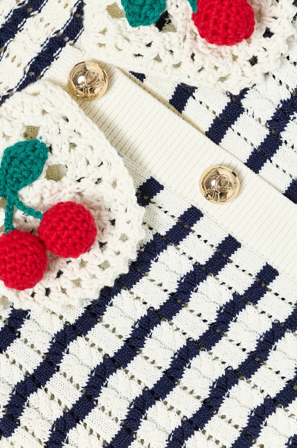 SELF PORTRAIT Girls' striped openwork crochet cardigan with cherry-embellished lace collar Girl MEDIUM BLUE 5
