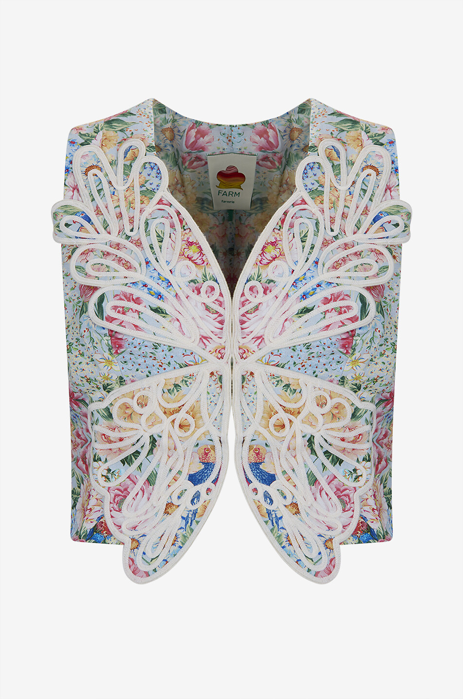 FARM RIO Gilet raccourci à col V en lin floral brodé Rendeira Femme MULTICOLORE 1
