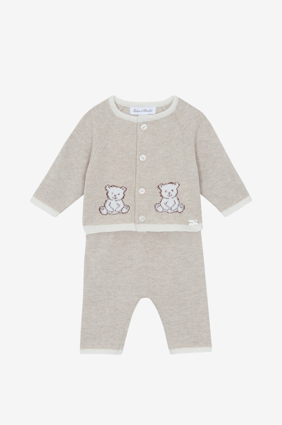 TARTINE ET CHOCOLAT Ensemble bébé cardigan et pantalon en maille de coton et cachemire motif ourson Bébé BEIGE 1