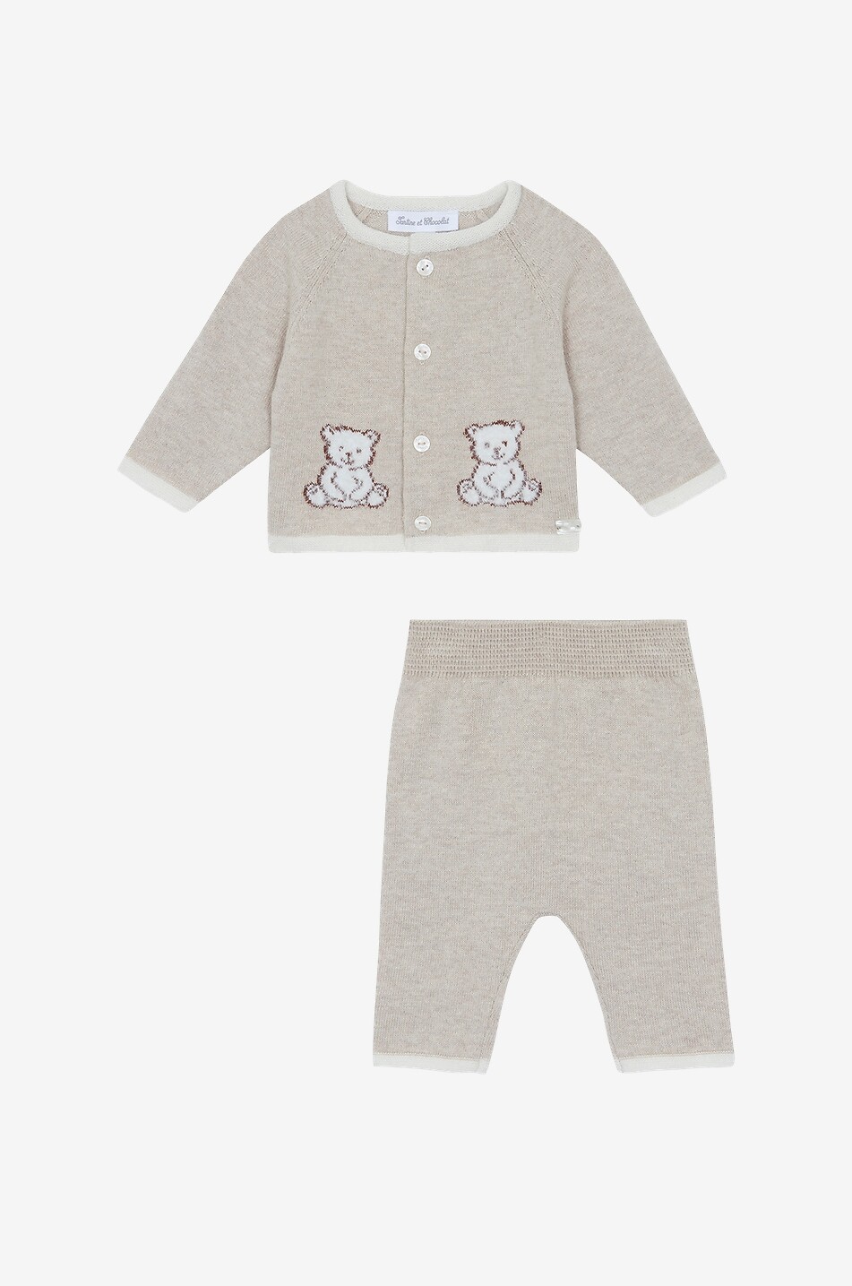 TARTINE ET CHOCOLAT Ensemble bébé cardigan et pantalon en maille de coton et cachemire motif ourson Bébé BEIGE 2