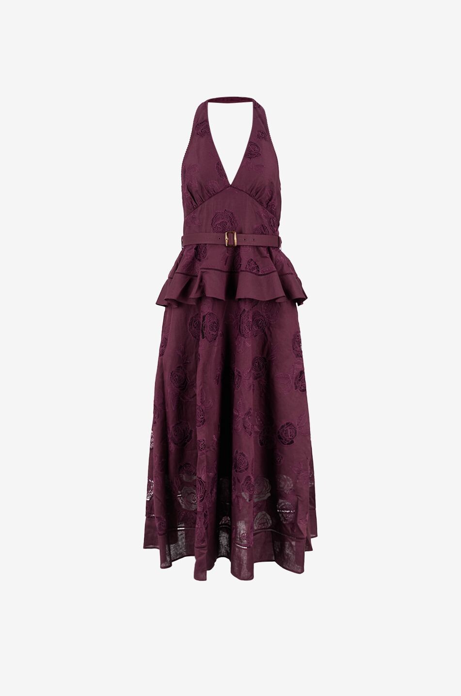 SELF PORTRAIT Halter neck floral jacquard midi dress with peplum Women DARK PURPLE 1