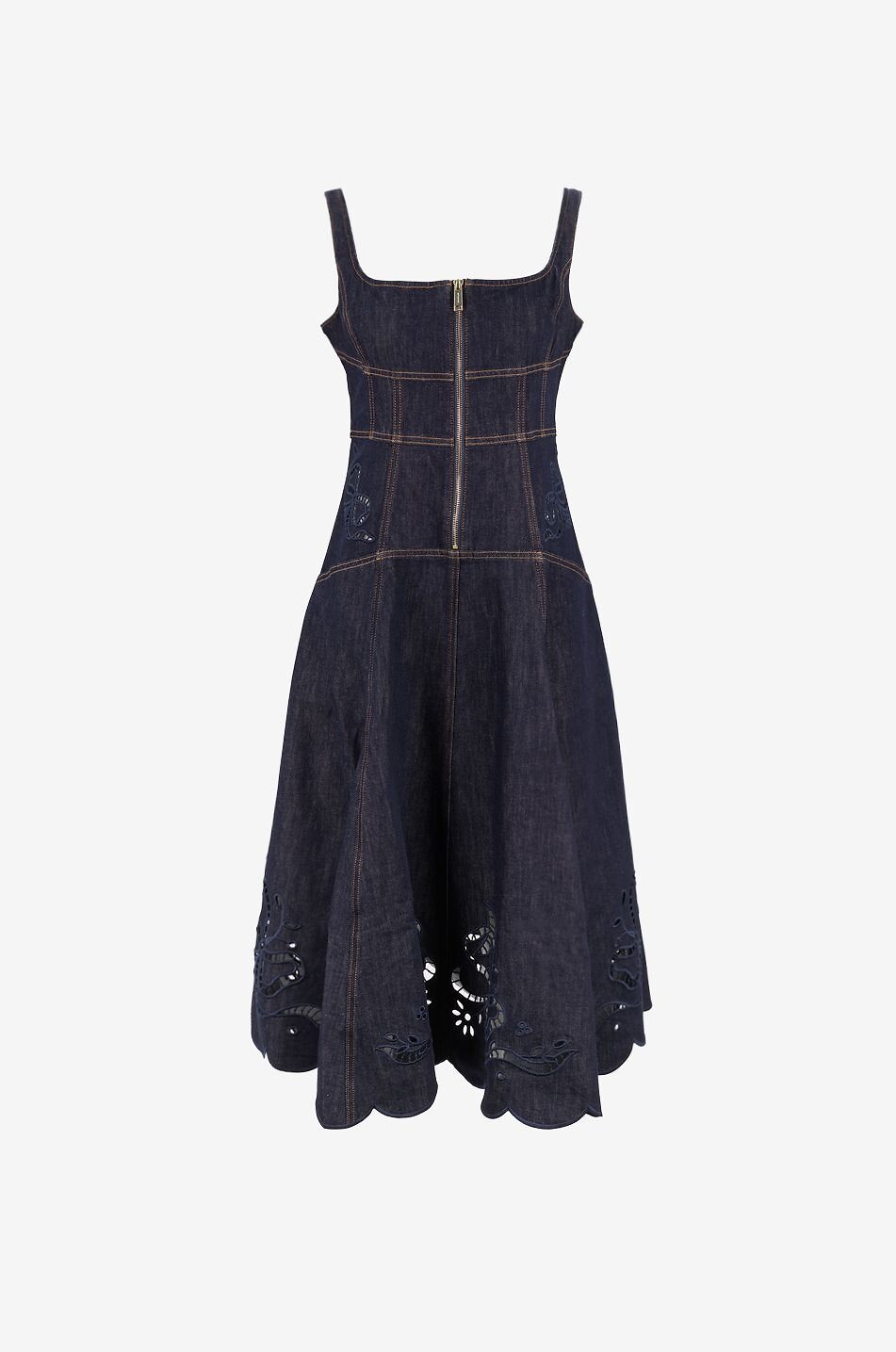 SELF PORTRAIT Midi flared denim broderie anglaise strappy dress Women DARK BLUE 1