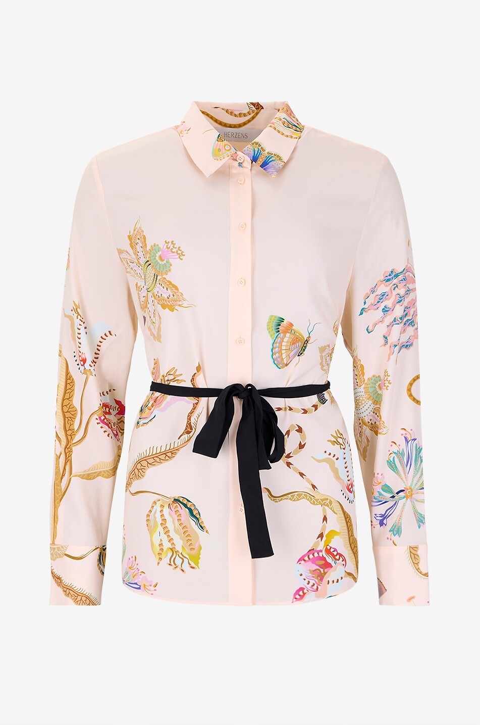 Belted floral and butterfly printed silk shirt
