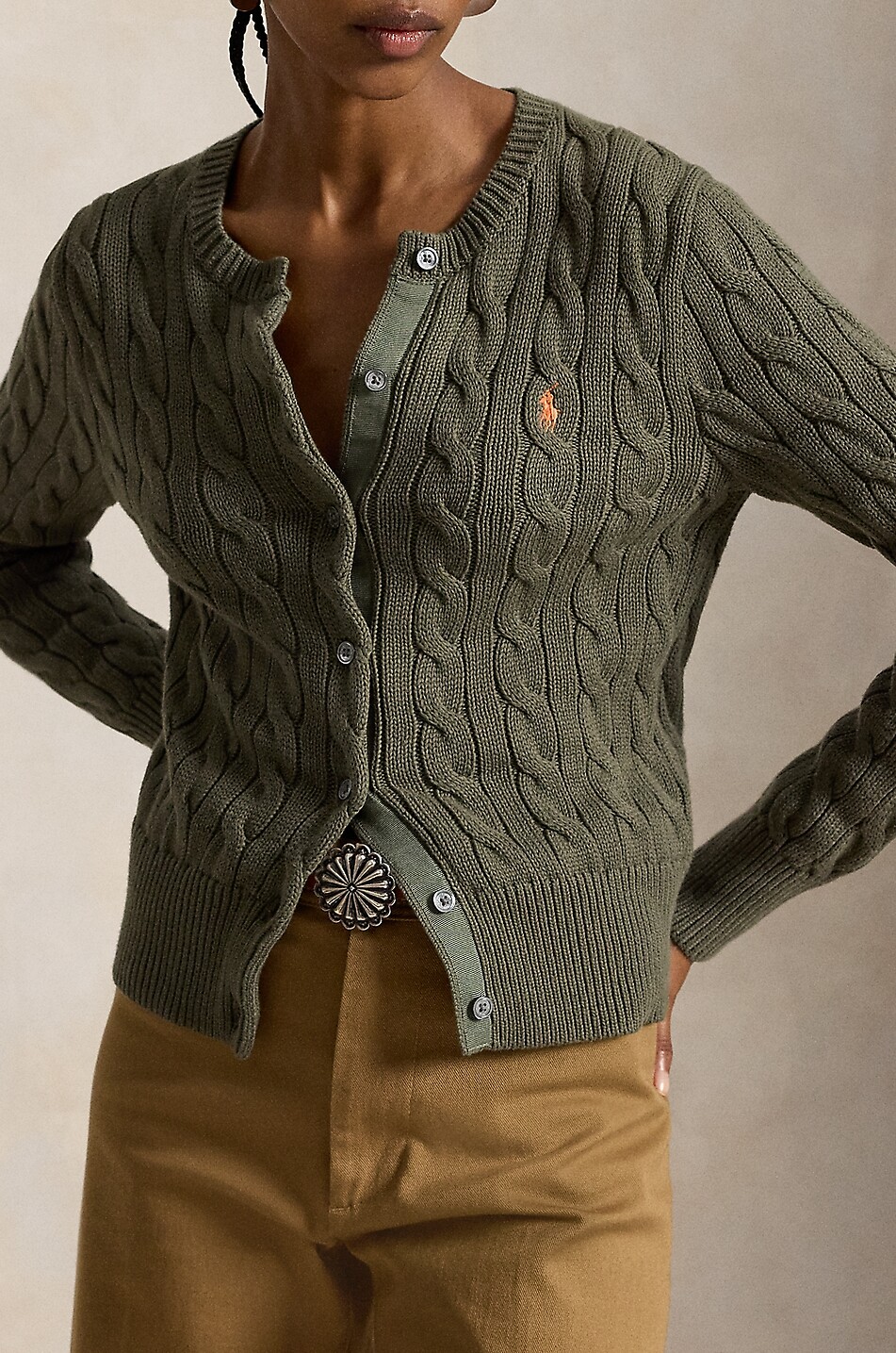 POLO RALPH LAUREN Pony cotton cable-knit crewneck cardigan Women KHAKI 2