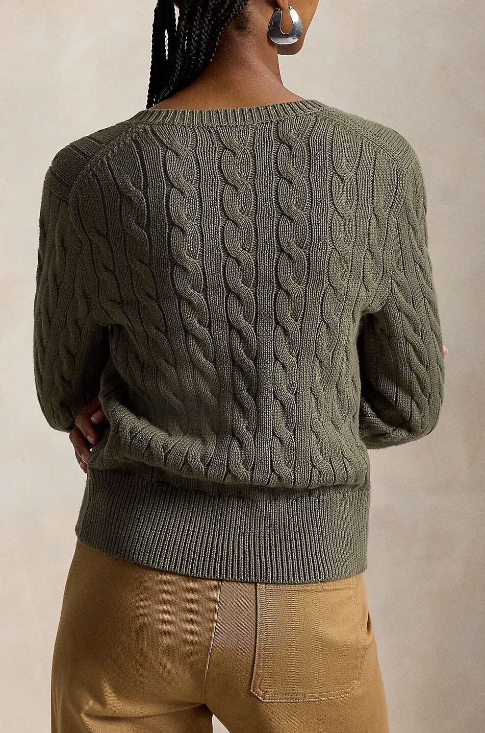 POLO RALPH LAUREN Pony cotton cable-knit crewneck cardigan Women KHAKI 3