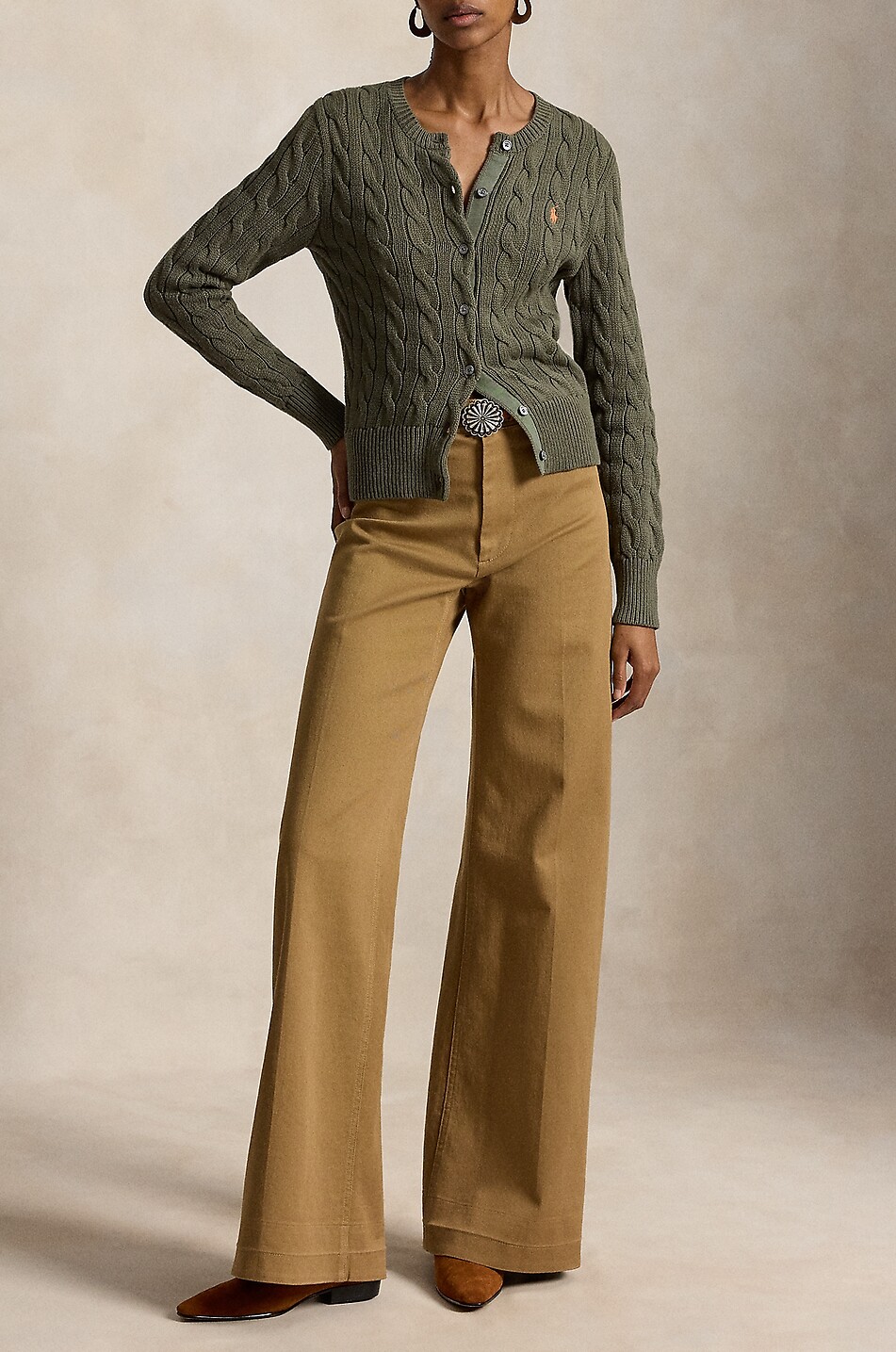 POLO RALPH LAUREN Pony cotton cable-knit crewneck cardigan Women KHAKI 4