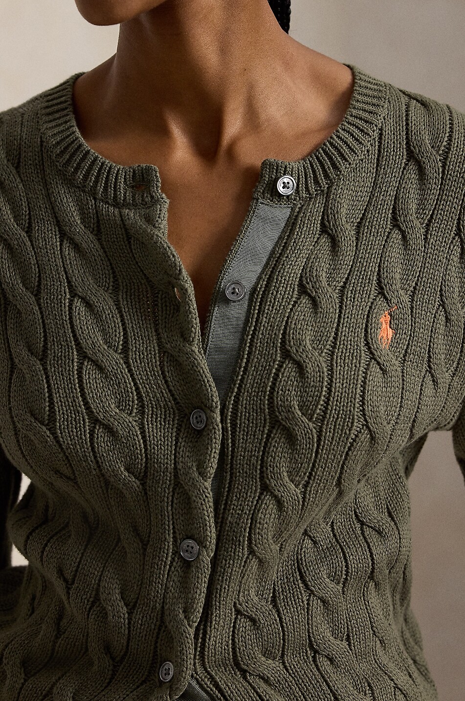 POLO RALPH LAUREN Pony cotton cable-knit crewneck cardigan Women KHAKI 5