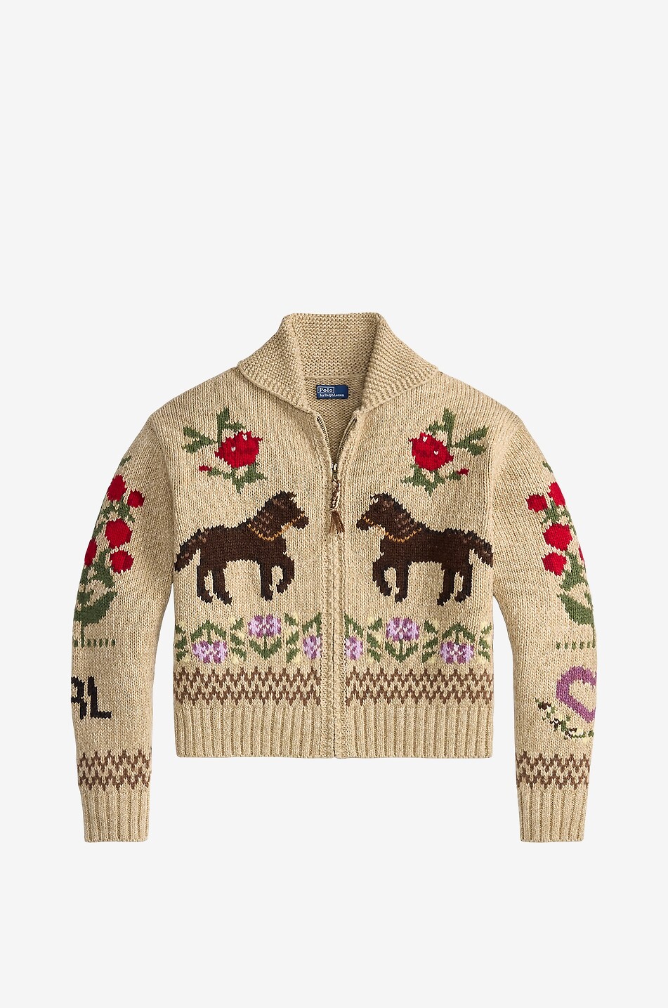 Cardigan jacquard zippé à col châle et motifs équestres