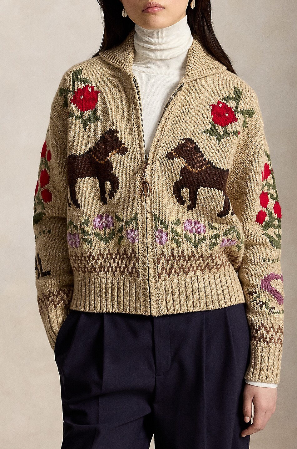 POLO RALPH LAUREN Cardigan jacquard zippé à col châle et motifs équestres Femme Beige Foncé 2