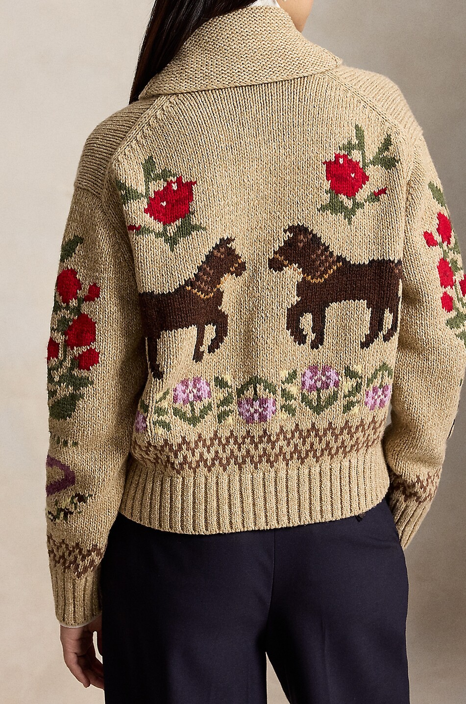 POLO RALPH LAUREN Cardigan jacquard zippé à col châle et motifs équestres Femme Beige Foncé 3