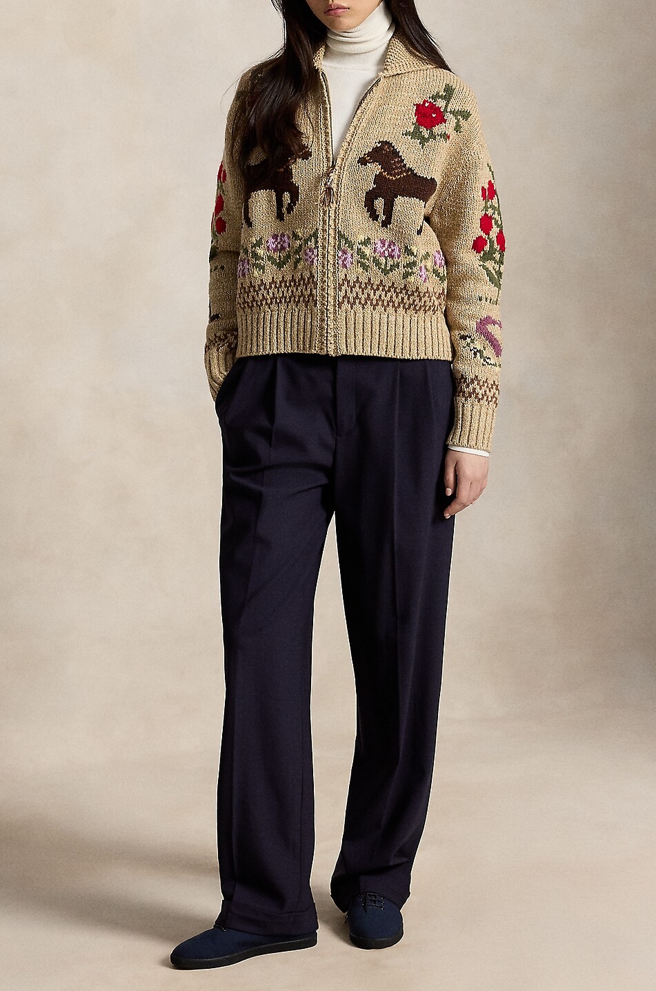POLO RALPH LAUREN Cardigan jacquard zippé à col châle et motifs équestres Femme Beige Foncé 4