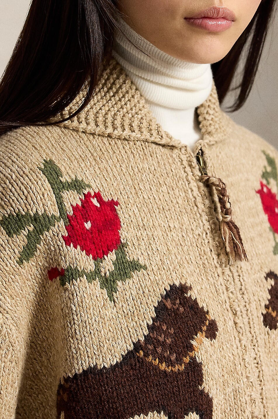 POLO RALPH LAUREN Cardigan jacquard zippé à col châle et motifs équestres Femme Beige Foncé 5