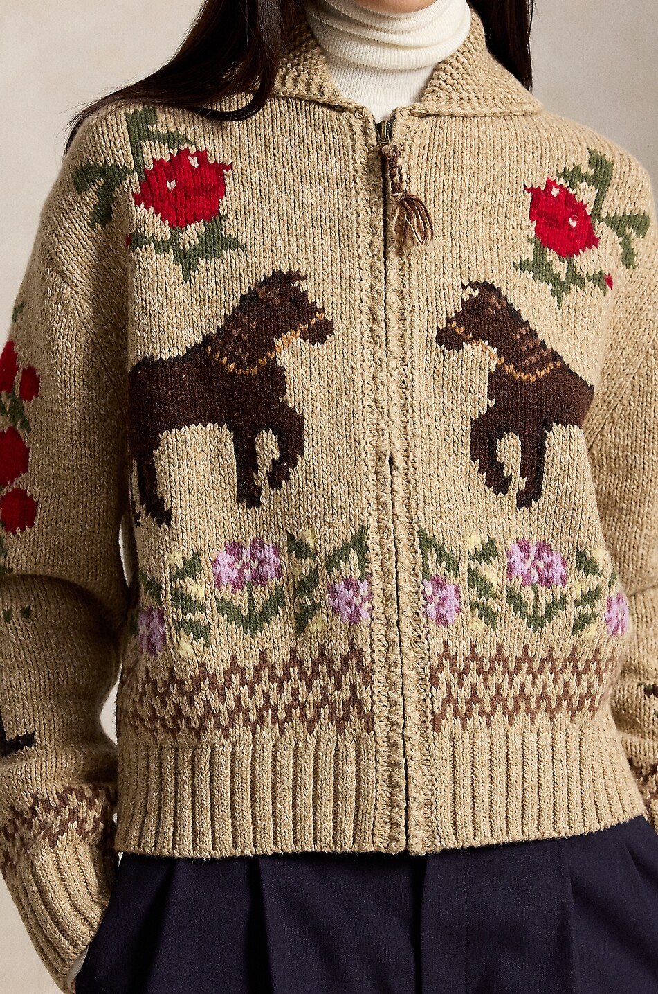 POLO RALPH LAUREN Cardigan jacquard zippé à col châle et motifs équestres Femme Beige Foncé 6