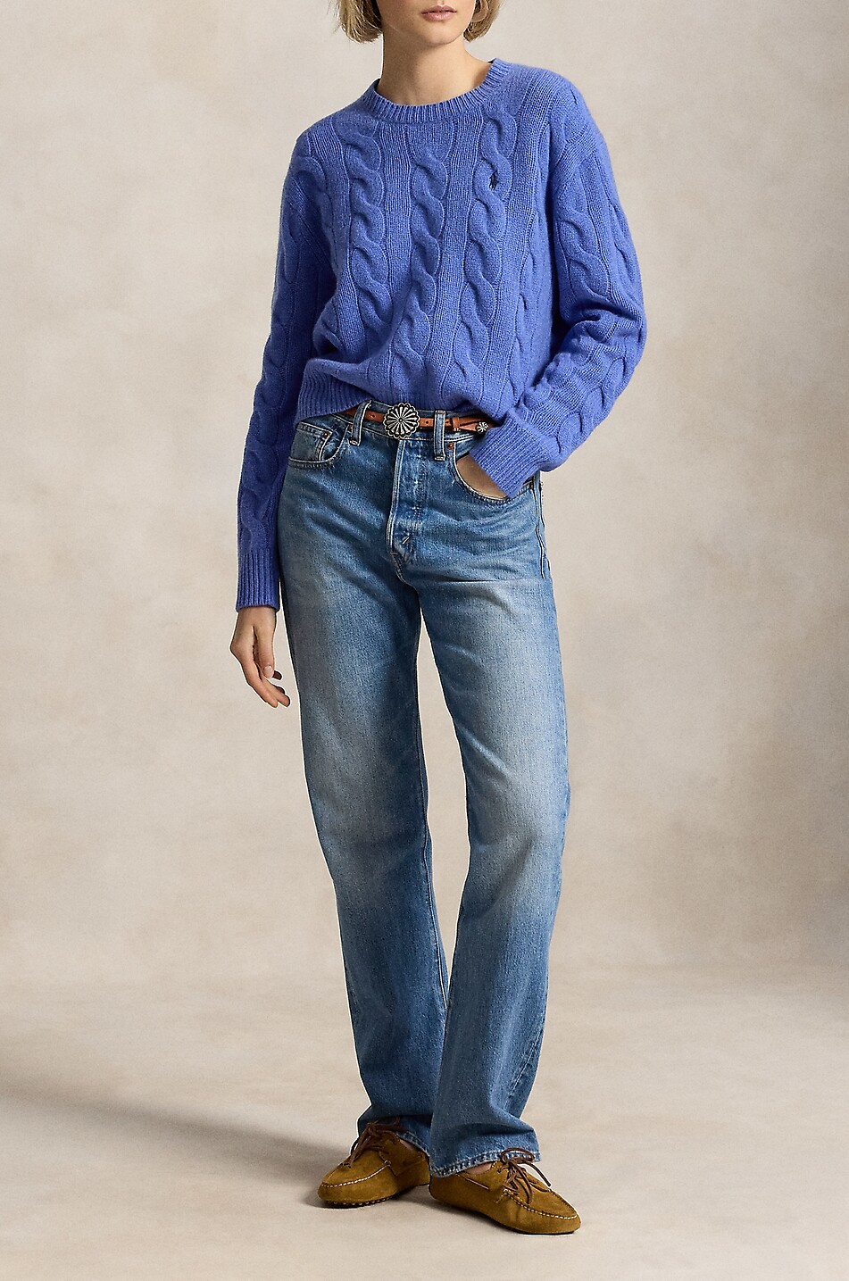 POLO RALPH LAUREN Pony crewneck cable-knit wool and cashmere jumper Women BLUE 4