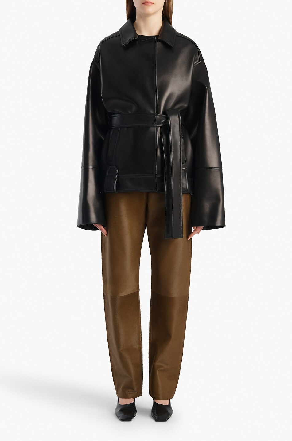 KHAITE Alder oversized lambskin leather belted jacket Women BLACK 5