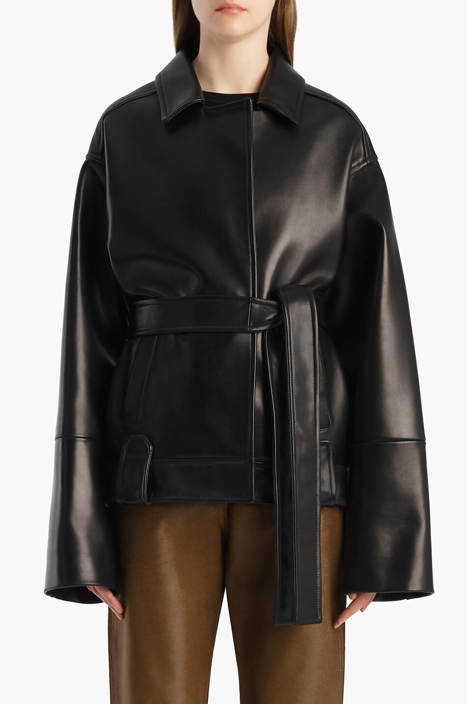 KHAITE Alder oversized lambskin leather belted jacket Women BLACK 7
