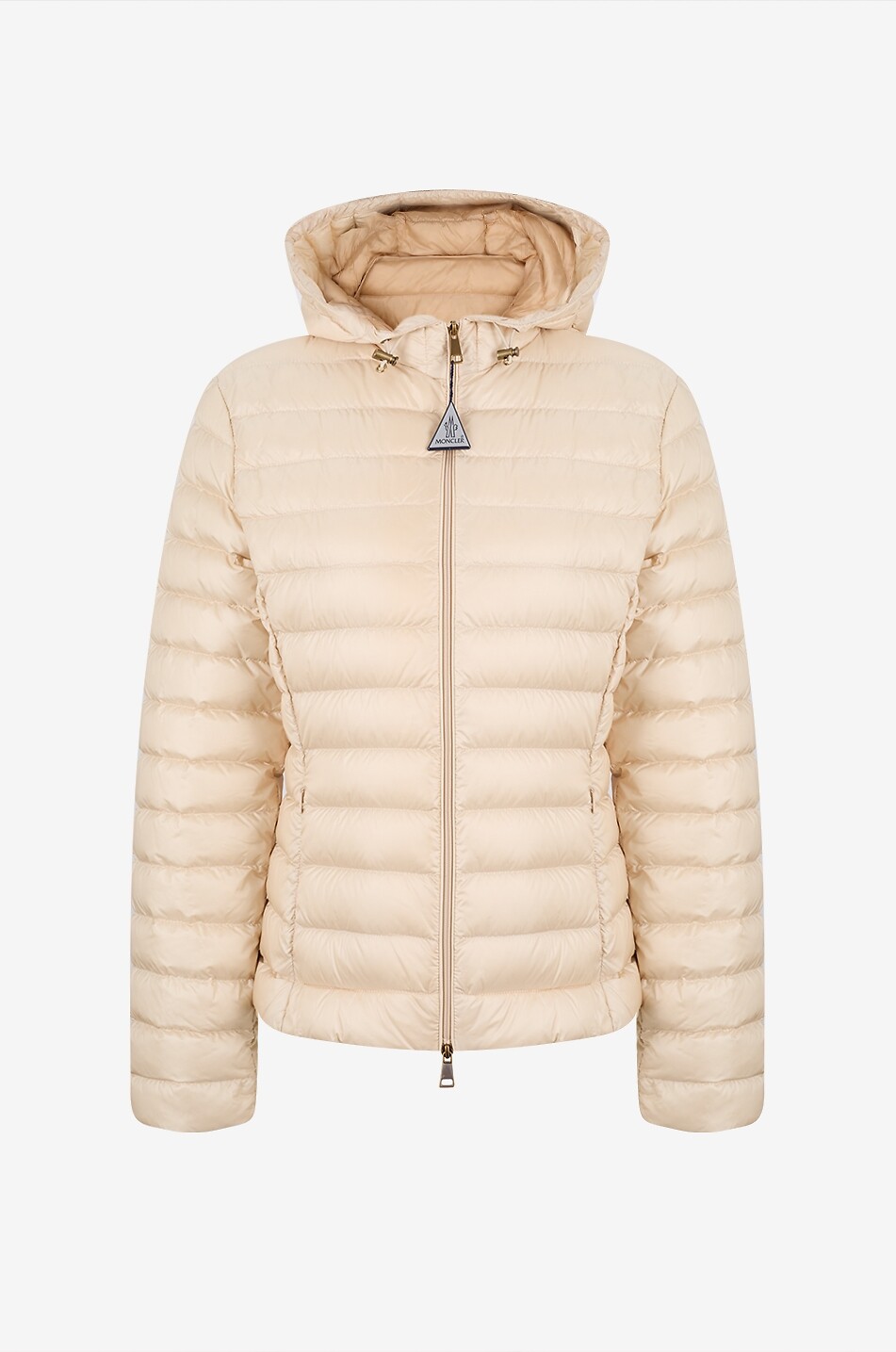 MONCLER Taillierte kurze leichte Daunenjacke mit Kapuze Igelhood Damen Hellbeige 1