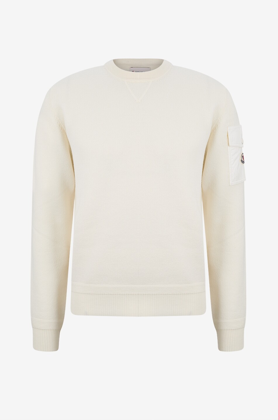 MONCLER Pull à col rond en laine vierge à poche cargo en nylon sur la manche Homme BLANC 1