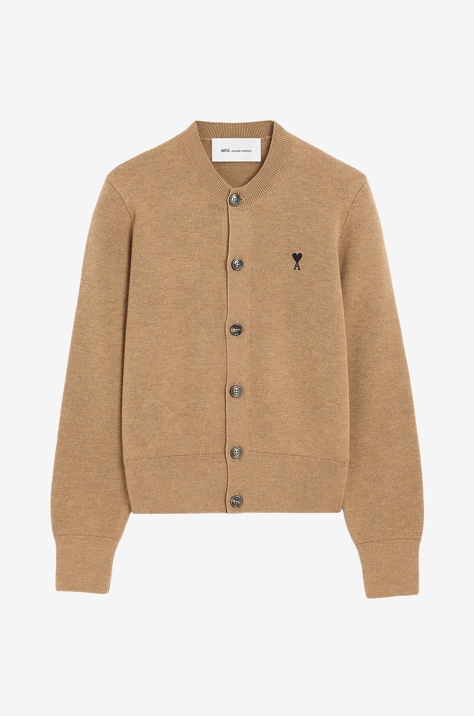 AMI Cardigan ajusté boutonné à col rond en laine Ami de Coeur Femme CAMEL 1