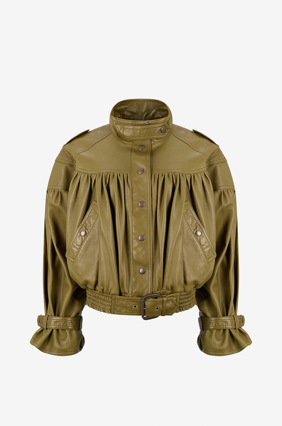 Veste courte froncée en cuir d'agneau à col montant